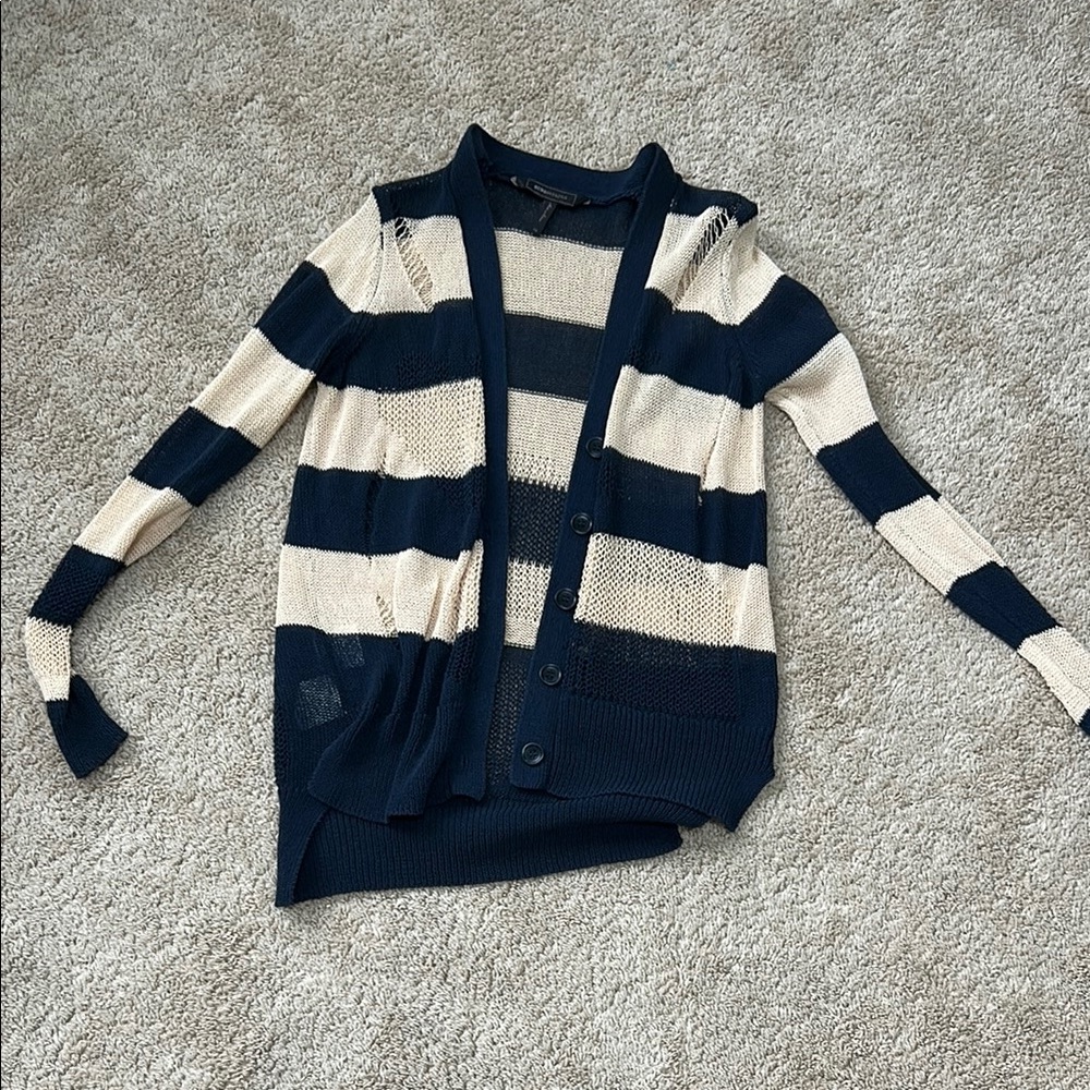 BCBGMaxAzria Blue and Cream Striped Cardigan Sweater